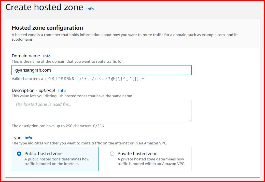 Picture showing the Create hosted zone screen for creating the new hosted zone configuration